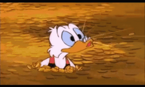 Tío Gilito saltando sobre una montaña de monedas